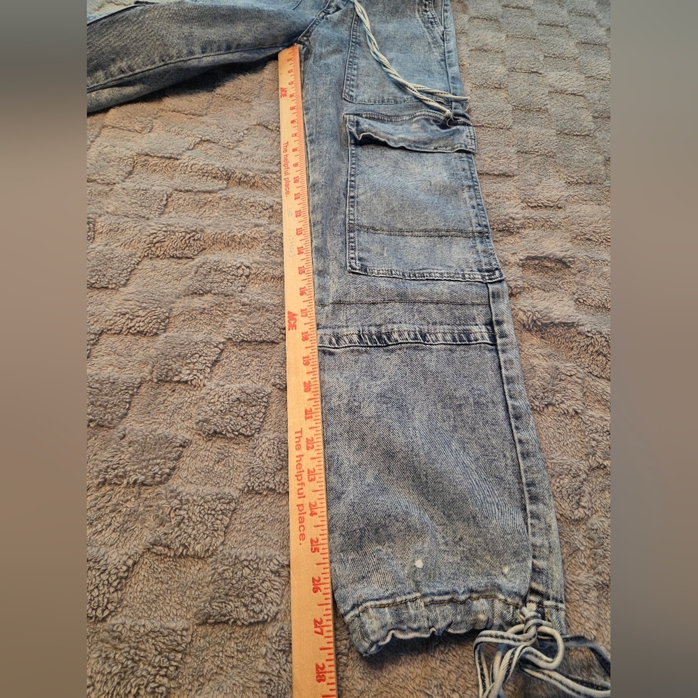 Elite Jeans Womens Cargo Size 7 Acid Wash Baggy Deep Pockets Drawstrings Retro - Picture 5 of 10